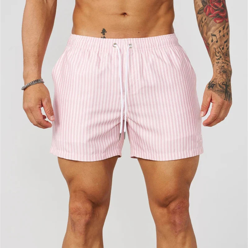 Simple Fine Line Stripes Pattern Men Beach Short Beach Casual Quick Dry Drawstring Board Shorts Summer Daily Sport Swim Trunk