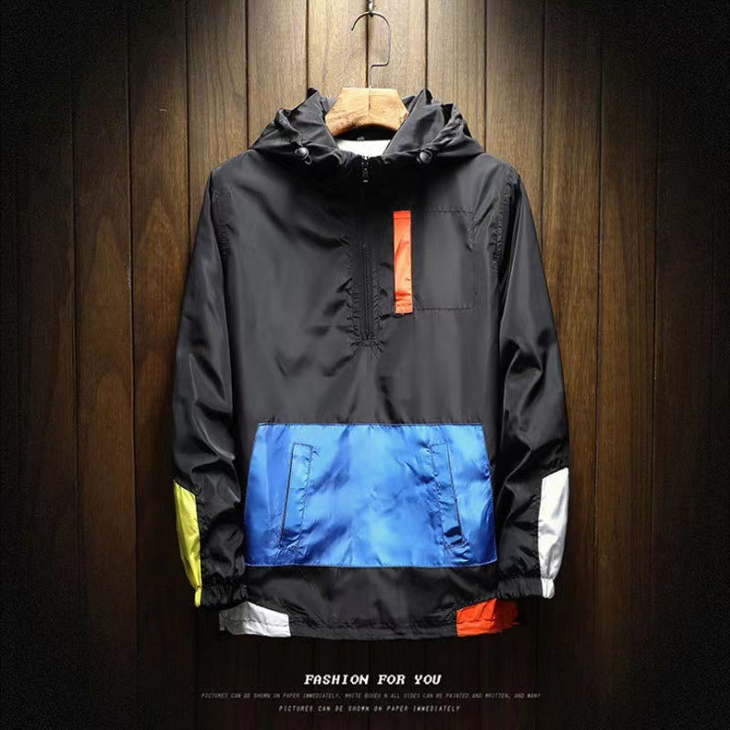 K-Style 2025 New Spring Men's Hooded Jacket Men's Color Matching Trendyy Loose Casual Pullover Baseball Uniform for Men