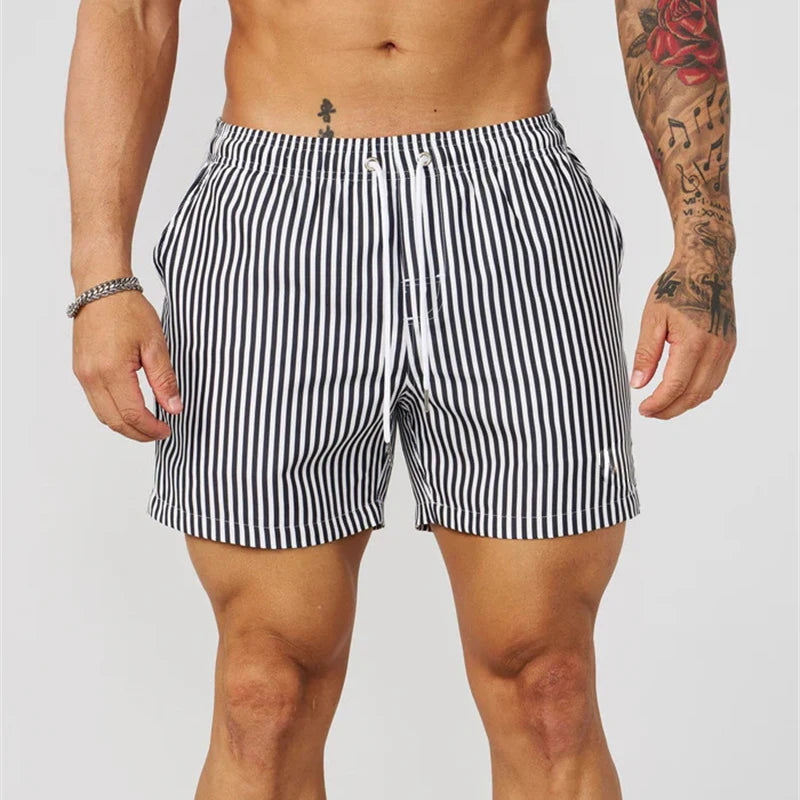 Simple Fine Line Stripes Pattern Men Beach Short Beach Casual Quick Dry Drawstring Board Shorts Summer Daily Sport Swim Trunk
