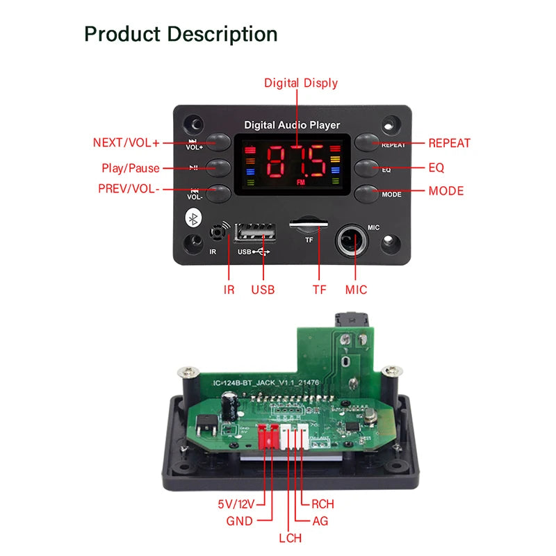 DC 12V Bluetooth 5.0 MP3 Decoder Board – Car Audio DIY Module