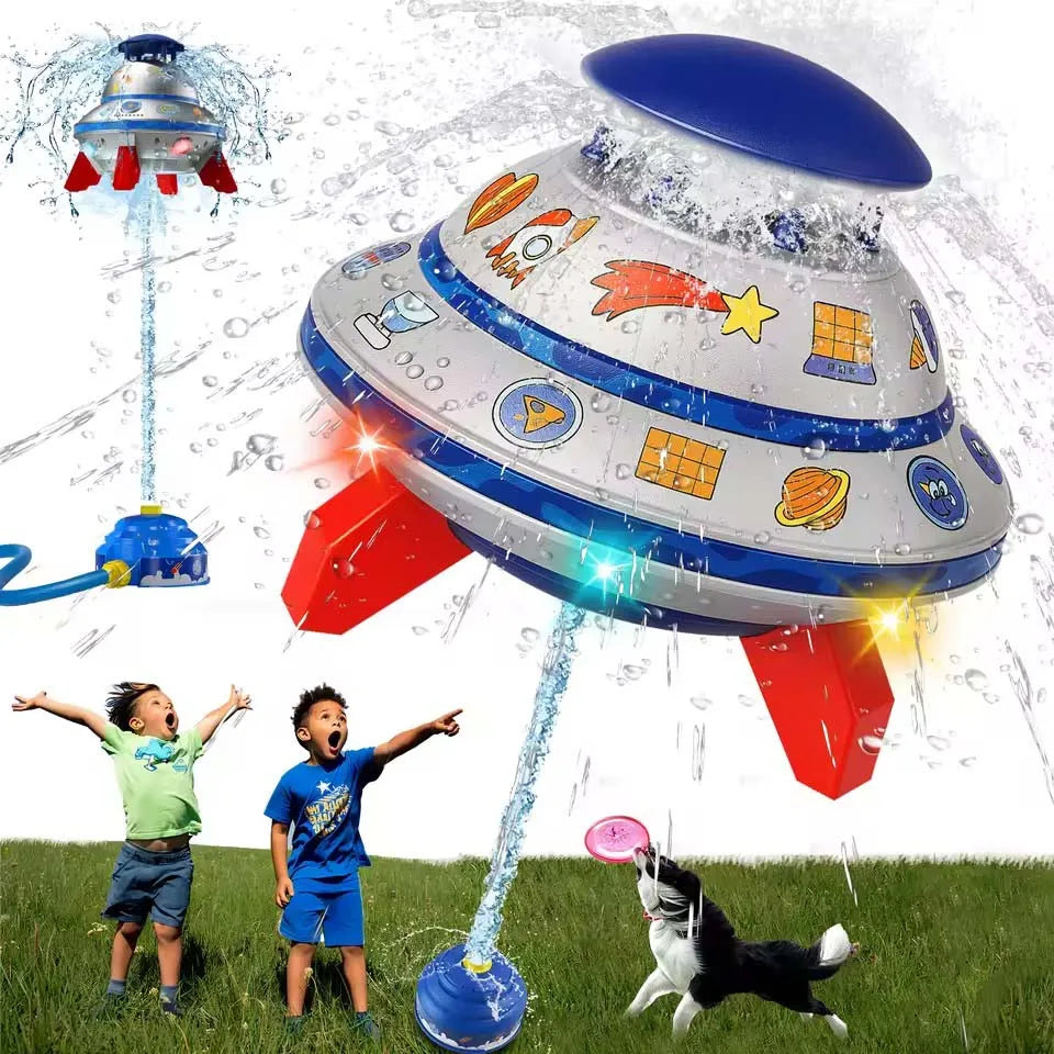Water Sprinkler for Kids with Lights 360° Rotating UFO Water Rocket Sprinkler Toy Outdoor Summer Water Toys for Backyard Lawn Po