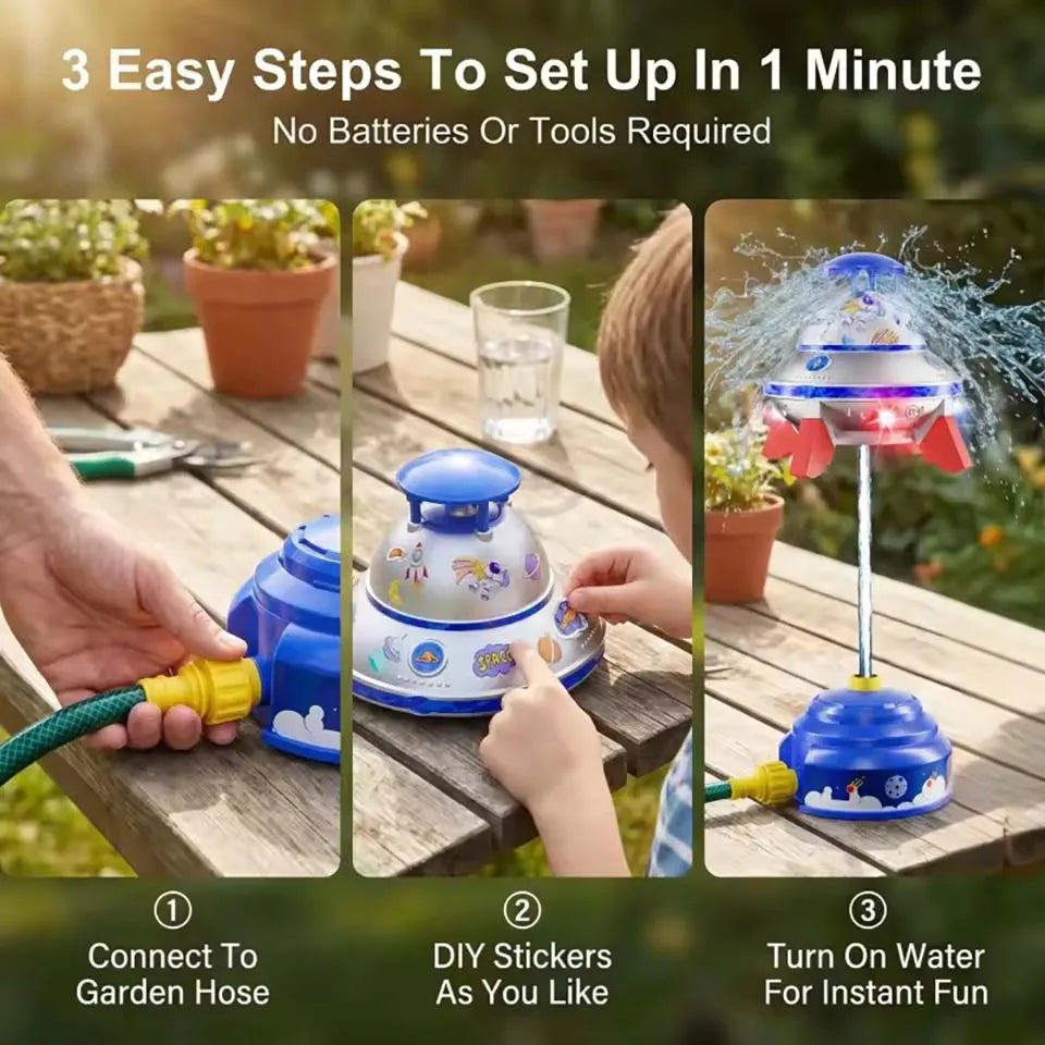 Water Sprinkler for Kids with Lights 360° Rotating UFO Water Rocket Sprinkler Toy Outdoor Summer Water Toys for Backyard Lawn Po