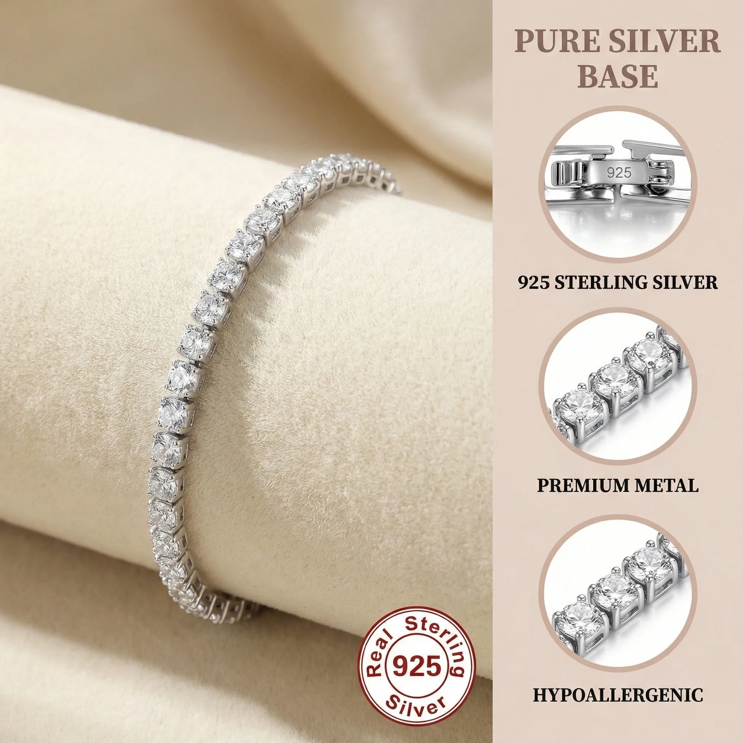 S925 Sterling Silver Zirconia Tennis Bracelet 4mm