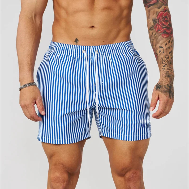 Simple Fine Line Stripes Pattern Men Beach Short Beach Casual Quick Dry Drawstring Board Shorts Summer Daily Sport Swim Trunk